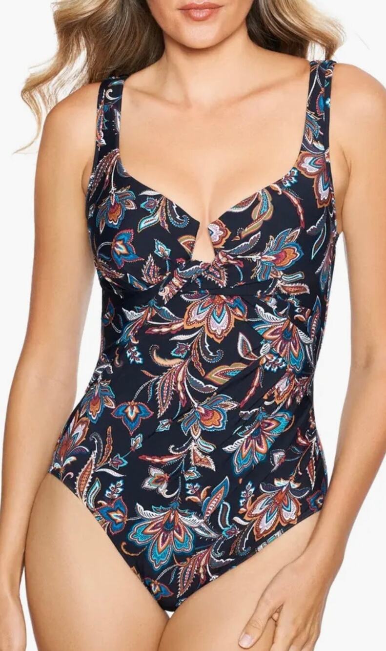 Miraclesuit Black Scotch Floral Enchant One Piece Swimsuit 14 NWOT